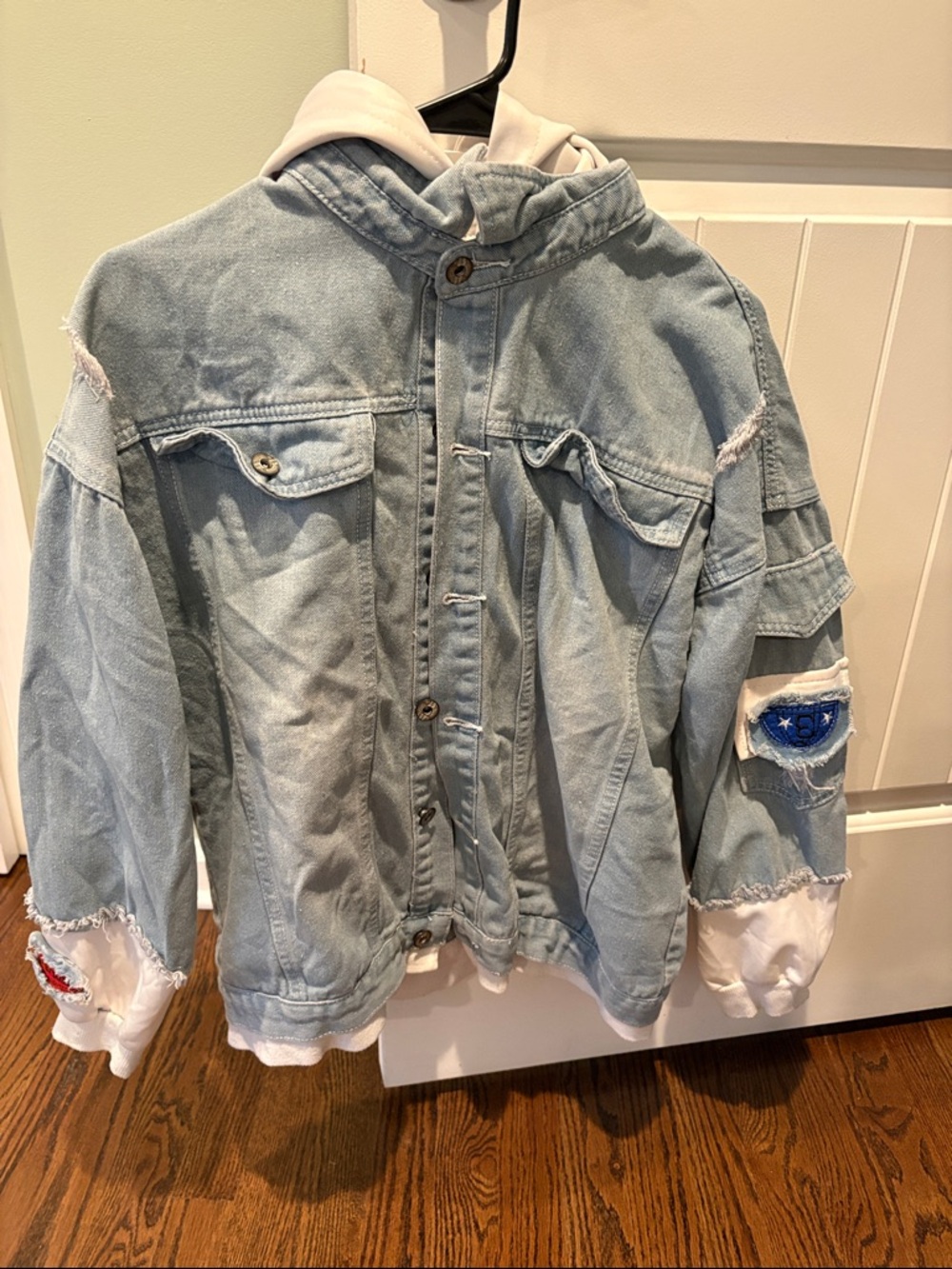 Light Blue Distressed Denim Hooded Jacket for Kids
